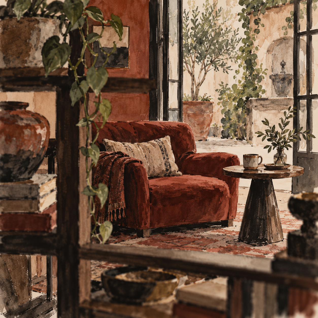 Illustration of independent hospitality space: a guest lounge, a side table, a small courtyard