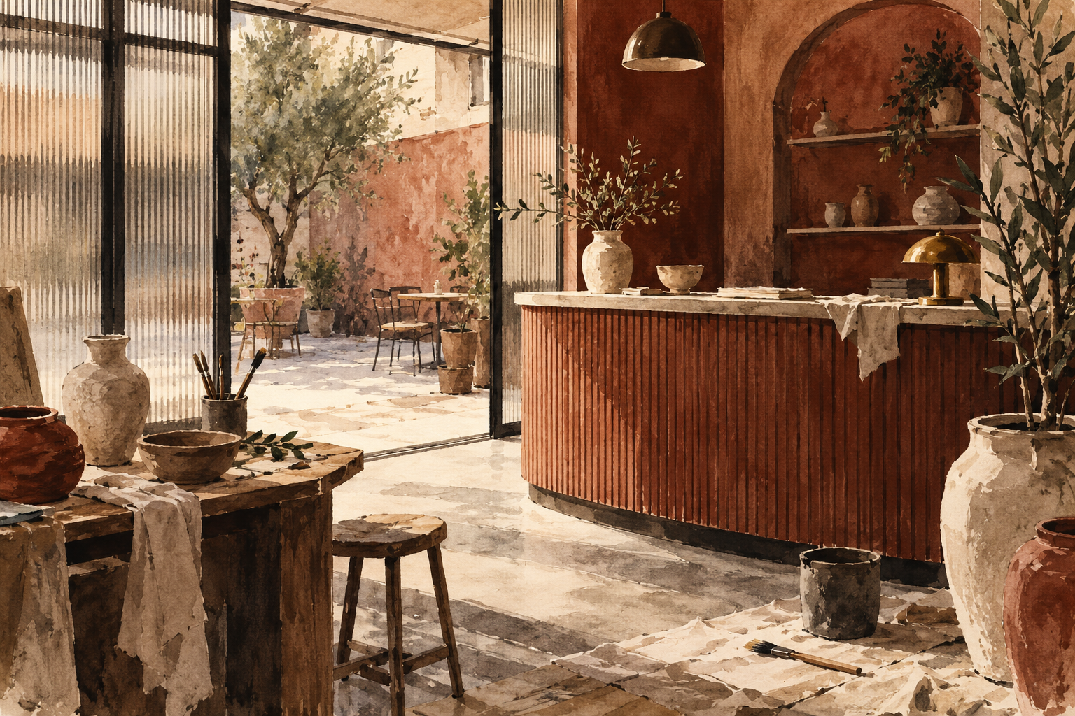 Illustration of independent hospitality space: a small courtyard, a welcoming reception counter, ceramic vases
