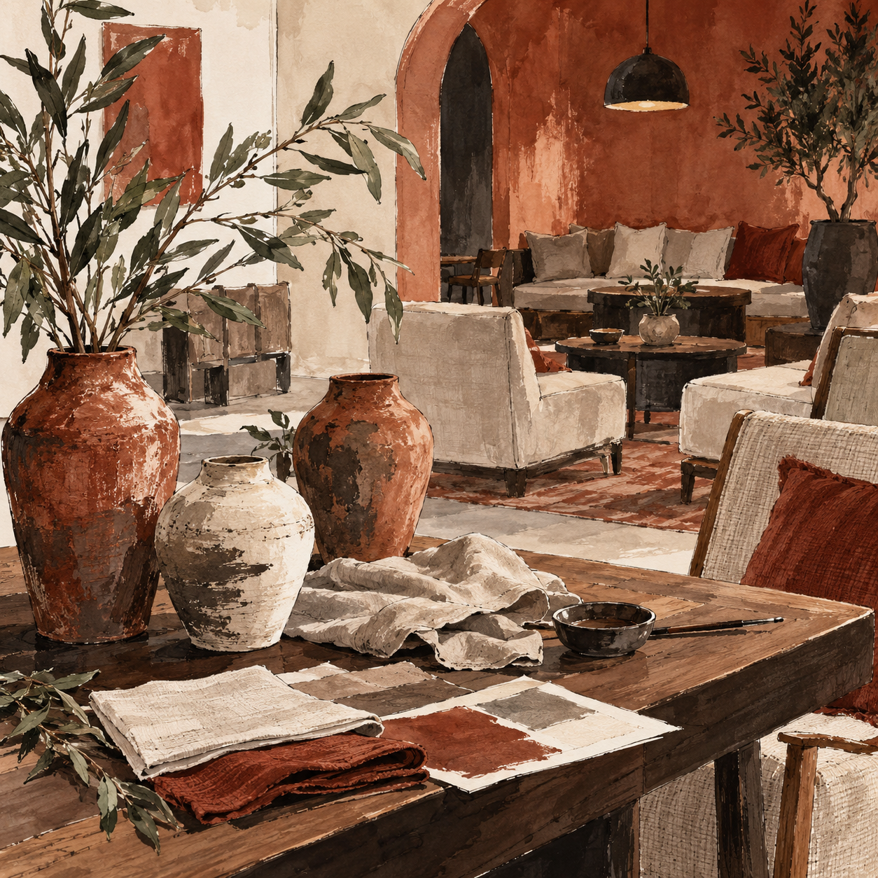 Illustration of independent hospitality space: ceramic vases, linen seating, a guest lounge